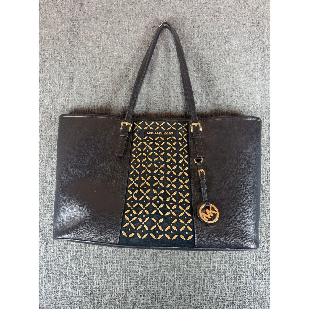 Michael Kors Jet Set East West Tote Black Saffiano Leather Studded Floral Bag
